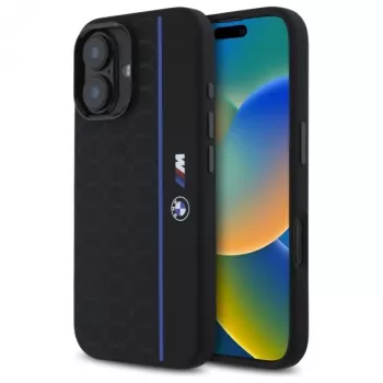 Husă rigidă din silicon BMW BMHMP16S23SHEB pentru iPhone 16 6,1 inch, Hexagon Blue Line, MagSafe, neagră
