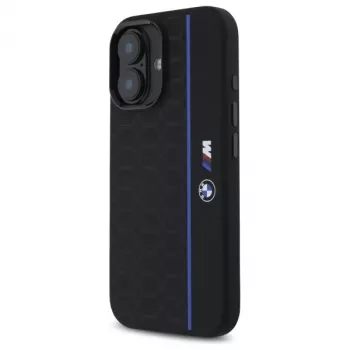 Husă rigidă din silicon BMW BMHMP16S23SHEB pentru iPhone 16 6,1 inch, Hexagon Blue Line, MagSafe, neagră