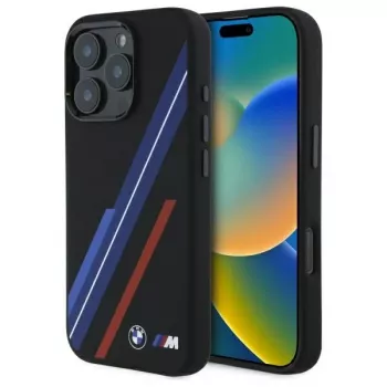 Husă rigidă din silicon BMW BMHMP16X23SSPK pentru iPhone 16 Pro Max 6,9 inch, Random Lines, MagSafe, neagră
