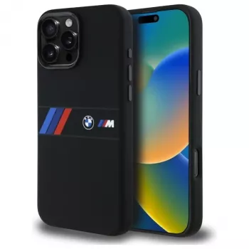 Husă rigidă din silicon BMW M Collection cu dungă centrală MagSafe pentru Apple iPhone 16 Pro Max 6,9 inch neagră
