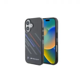 Husă rigidă BMW BMHCP16M23HTRAK pentru iPhone 16 Plus 6,7 inch, Motorsport IML Random Stripes, neagră