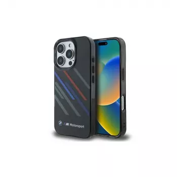 Husă rigidă BMW BMHCP16X23HTRAK pentru iPhone 16 Pro Max 6,9 neagră Motorsport IML Random Stripes