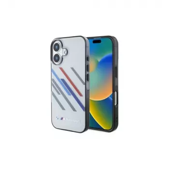Husă rigidă BMW pentru iPhone 16 Plus 6,7 inch, Motorsport IML Random Stripes, gri