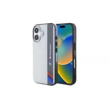 Husă rigidă BMW BMHCP16S23HTFEG pentru iPhone 16 6,1 inch, Motorsport IML Vertical Stripe, gri