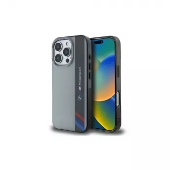 Husă rigidă BMW Motorsport pentru Apple iPhone 16 Pro 6,3 inch, IML Vertical Stripe, gri