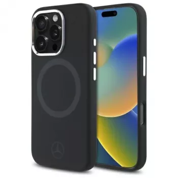 Husă rigidă neagră din silicon Mercedes-Benz MEHMP16L23SUTTK pentru iPhone 16 Pro 6,3
