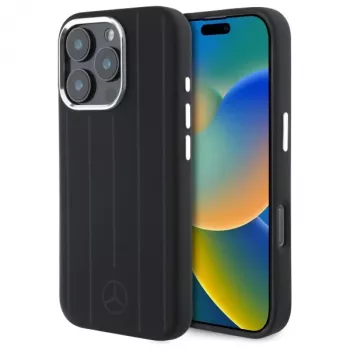 Husă rigidă din silicon MERCEDES-BENZ pentru iPhone 16 Pro 6,3 neagră cu dungi tonale verticale MagSafe
