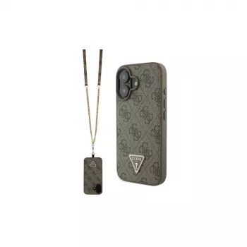 Husă rigidă Guess GUHCP16SP4TDSCPW pentru iPhone 16 6,1 din piele cu logo metalic, strasuri și bentiță crossbody maro
