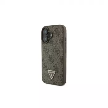Husă rigidă Guess GUHCP16SP4TDSCPW pentru iPhone 16 6,1 din piele cu logo metalic, strasuri și bentiță crossbody maro
