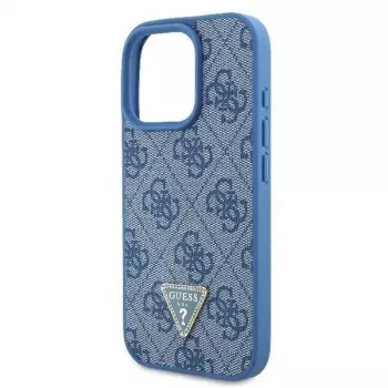 Husă rigidă din piele Guess GUHCP16LP4TDSCPB pentru iPhone 16 Pro 6,3 inch albastră cu logo metalic, strasuri și curea crossbody