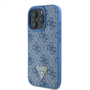 Husă rigidă din piele Guess GUHCP16LP4TDSCPB pentru iPhone 16 Pro 6,3 inch albastră cu logo metalic, strasuri și curea crossbody