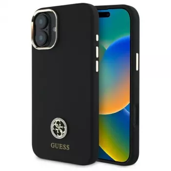Husă rigidă din silicon Guess GUHCP16SM4DGPK pentru iPhone 16 6,1 inch negru cu logo din strasuri 4G
