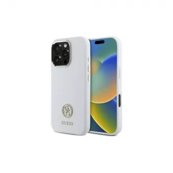 Husă rigidă din silicon Guess GUHCP16LM4DGPH pentru iPhone 16 Pro 6,3 inch alb cu logo din strasuri 4G