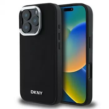 DKNY DKHMP16LPSCMCLK Huse hard pentru iPhone 16 Pro 6,3 inch negru cu logo argintiu simplu MagSafe