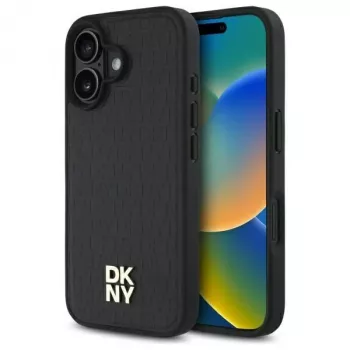 DKNY DKHMP16SPSHRPSK iPhone 16 6.1 Huse hard negru cu model repetat și logo stivuit MagSafe