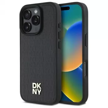 DKNY DKHMP16LPSHRPSK iPhone 16 Pro 6.3 Huse hard negru cu model repetat și logo stivuit MagSafe