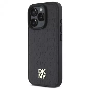 DKNY DKHMP16LPSHRPSK iPhone 16 Pro 6.3 Huse hard negru cu model repetat și logo stivuit MagSafe