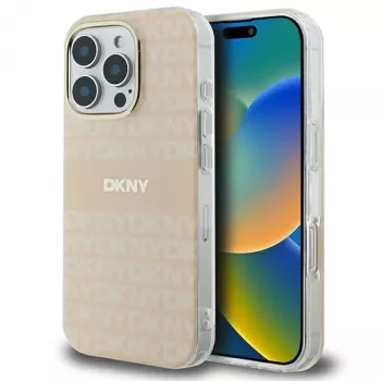 DKNY DKHMP16LHRHSEP Huse hard pentru Apple iPhone 16 Pro 6,3 inch roz cu model texturat repetat și dungă MagSafe