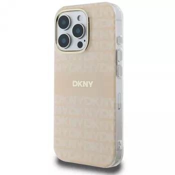 DKNY DKHMP16LHRHSEP Huse hard pentru Apple iPhone 16 Pro 6,3 inch roz cu model texturat repetat și dungă MagSafe