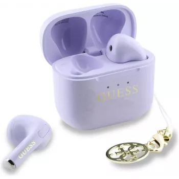 Guess Glossy Effect Printed Classic Logo & Charm TWS Earbuds lavandă