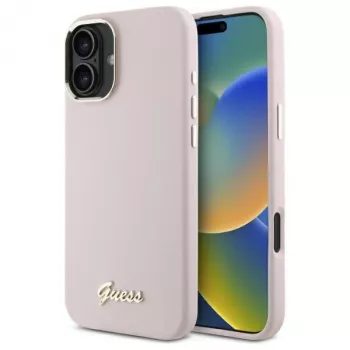 Guess GUHCP16SSMBSLP iPhone 16 6,1 inch roz Huse hard silicon cu logo metalic Script și ramă