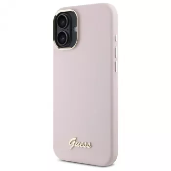 Guess GUHCP16SSMBSLP iPhone 16 6,1 inch roz Huse hard silicon cu logo metalic Script și ramă