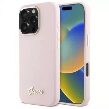 Guess GUHCP16LSMBSLP iPhone 16 Pro 6,3 inch roz Huse hard silicon cu logo metalic Script și ramă
