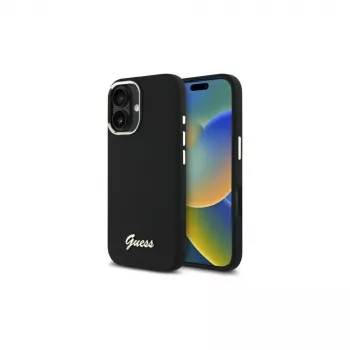 Guess GUHCP16MSMBSLK Huse hard silicon cu logo metalic Script și ramă pentru Apple iPhone 16 Plus 6,7 inch - negru