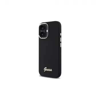 Guess GUHCP16MSMBSLK Huse hard silicon cu logo metalic Script și ramă pentru Apple iPhone 16 Plus 6,7 inch - negru