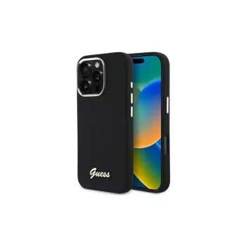 Guess GUHCP16LSMBSLK iPhone 16 Pro 6,3 inch husă rigidă neagră din silicon Script Metal Logo & Frame