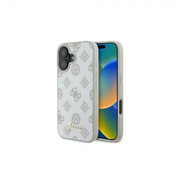 Guess GUHMP16SPGPYSH iPhone 16 6,1 inch husă rigidă albă Peony Script Logo MagSafe