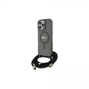Guess Crossbody Cord Script MagSafe husă rigidă pentru iPhone 16 Pro Max 6,9 inch neagră