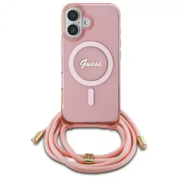 Guess GUHMP16SHCTSGNSP iPhone 16 6,1 inch husă rigidă roz Crossbody Cord Script MagSafe