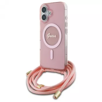 Guess GUHMP16SHCTSGNSP iPhone 16 6,1 inch husă rigidă roz Crossbody Cord Script MagSafe