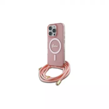 Guess GUHMP16XHCTSGNSP iPhone 16 Pro Max 6,9 inch husă rigidă roz Crossbody Cord Script MagSafe