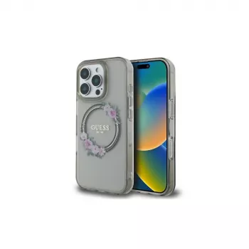Guess GUHMP16LHFWFCK iPhone 16 Pro husă rigidă IML Flowers Wreath MagSafe neagră