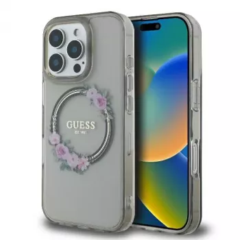 Guess GUHMP16XHFWFCK iPhone 16 Pro Max 6,9 inch husă rigidă neagră IML Flowers Wreath MagSafe