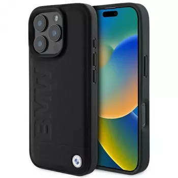 BMW Hot Stamp husă rigidă din piele pentru iPhone 16 Pro 6,3 inch neagră