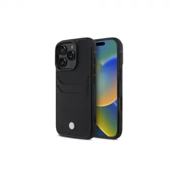 BMW Signature husă rigidă din piele cu compartiment pentru carduri pentru Apple iPhone 16 Pro Max 6,9 inch neagră