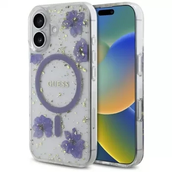 Guess Resin Flowers Glitter husă MagSafe pentru iPhone 16 mov