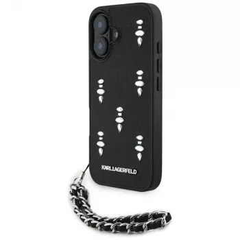 Husă Karl Lagerfeld Saffiano Crystals with Chain pentru iPhone 16 neagră