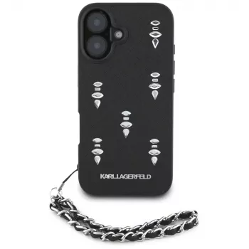 Husă Karl Lagerfeld Saffiano Crystals with Chain pentru iPhone 16 neagră