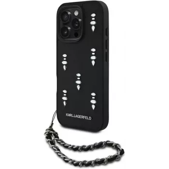 Husă Karl Lagerfeld Saffiano Crystals with Chain pentru iPhone 16 Pro, neagră