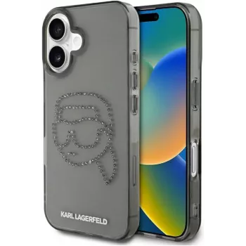 Husă Karl Lagerfeld IML Rhinestones Karl Head pentru iPhone 16 (neagră)