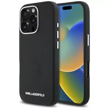 Karl Lagerfeld Saffiano Full Wrapped Elongated Metal Logo husă MagSafe pentru iPhone 16 Pro negru