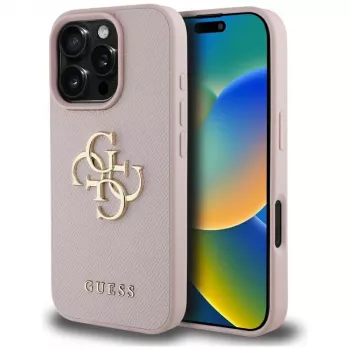 Carcasă spate Guess Grained Big 4G Logo Small Classic Logo pentru Apple iPhone 16 Pro (roz)