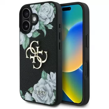 Husă Guess Grained Roses Big 4G Logo pentru Apple iPhone 16, neagră