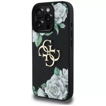 Husă Guess Grained Roses Big 4G Logo pentru Apple iPhone 16 Pro, neagră