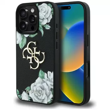 Husă Guess Grained Roses Big 4G Logo pentru iPhone 16 Pro Max, neagră