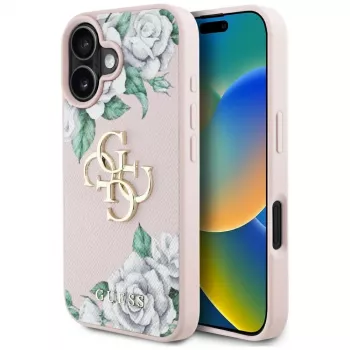 Husă Guess Grained Roses Big 4G Logo pentru Apple iPhone 16 - roz